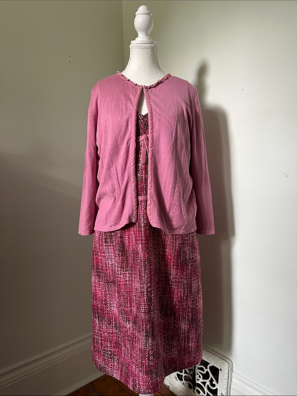 STUDIO I Pink Tweed Preppy Office Coquette Midi Dress & Cardigan Set Sz 12